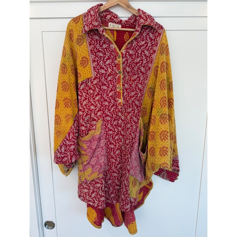 Kantha Bae Free Size Top Red Yellow Patchwork Boho Kantha Quilt Tunic Pockets